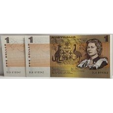 AUSTRALIA 1982 . ONE 1 DOLLAR BANKNOTES . CONSECUTIVE PAIR